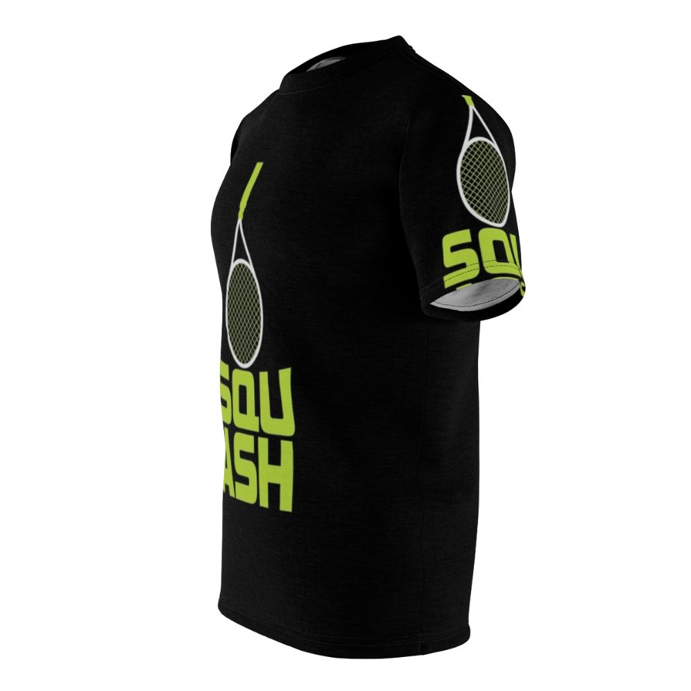 Squash racket and sports ball graphic printed on a high-quality t-shirt, perfect for squash and sports enthusiasts. - men left