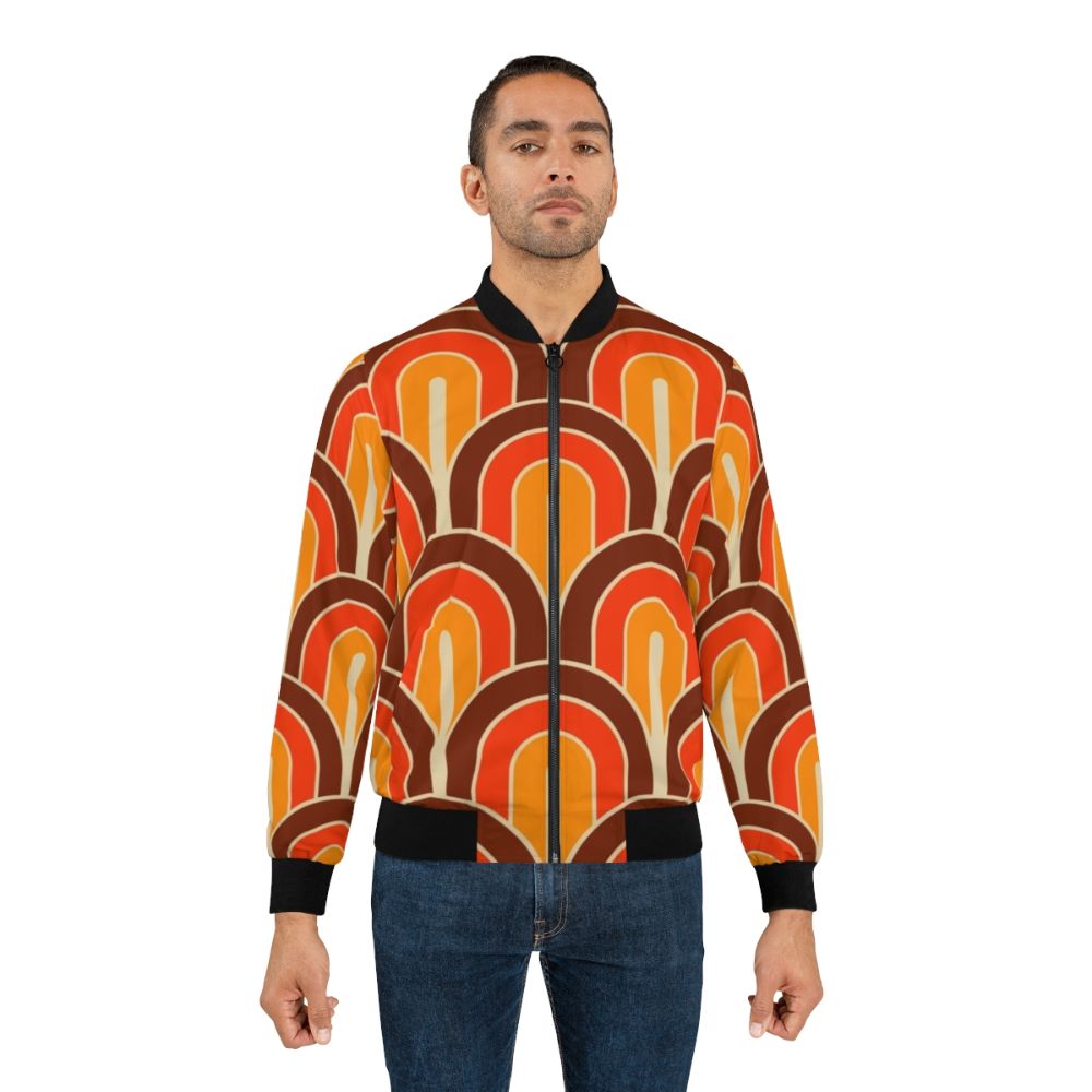 Retro geometric bomber jacket with a mix of square and circle patterns in a colorful, 60s 70s fashion style. - Lifestyle