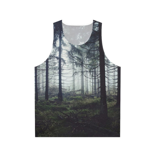 Person wearing unisex nature tank top standing in a forest