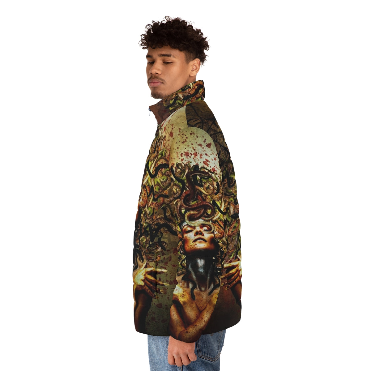 Stheno Surrealist Puffer Jacket featuring a medusa and snake design for a captivating, artistic fashion statement - men side left