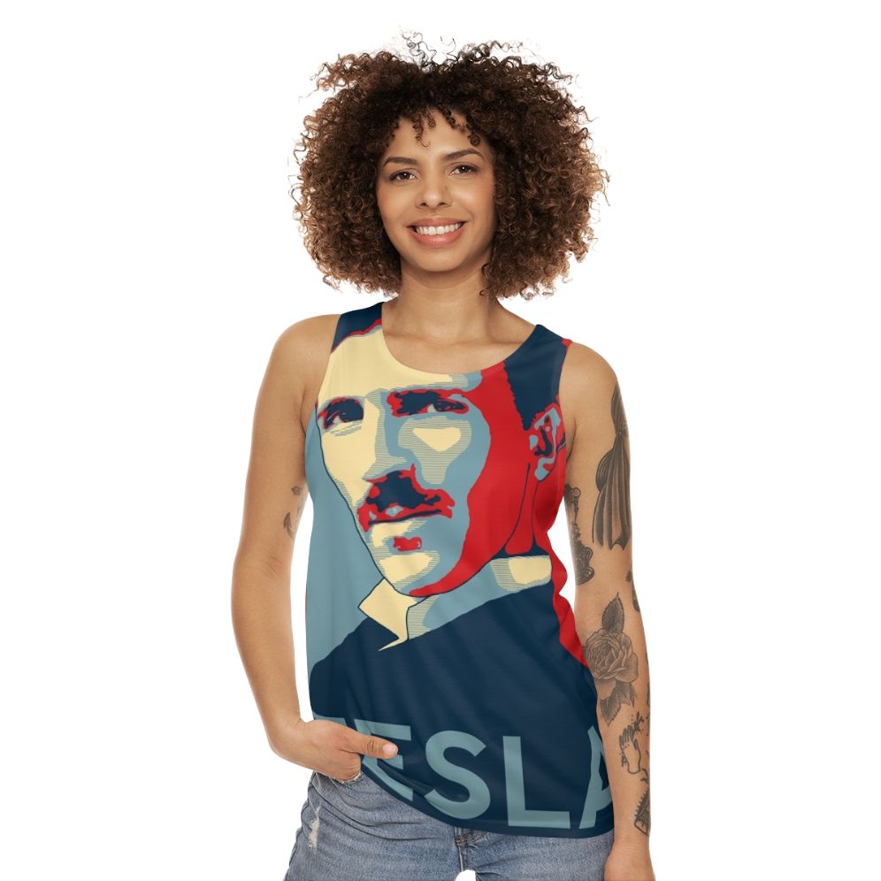 Nikola Tesla Unisex Tank Top featuring a Tesla coil design - women