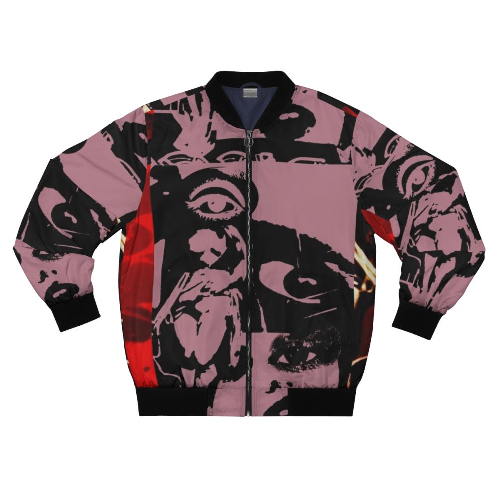 Unique alternative bomber jacket with a collage design featuring surreal and punk elements