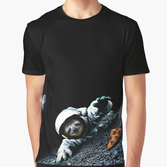 Slothstronaut graphic t-shirt featuring an astronaut sloth floating in space with a pizza slice