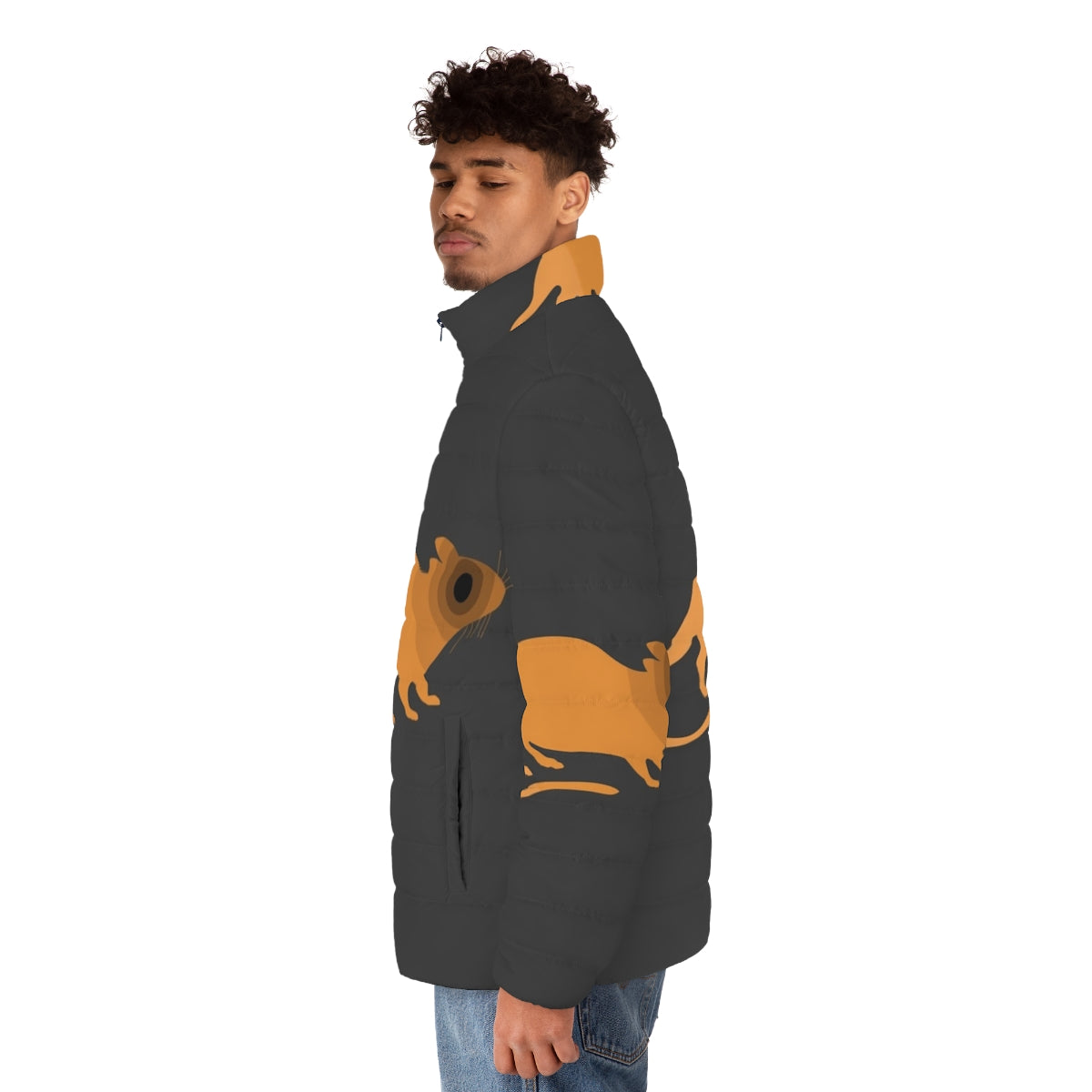 Colorful and abstract puffer jacket featuring a legendary rat design. - men side left