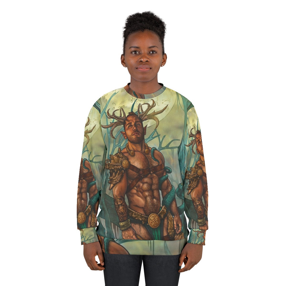 Cernunnos, a mythical pagan satyr figure, featured on a colorful sweatshirt design - women