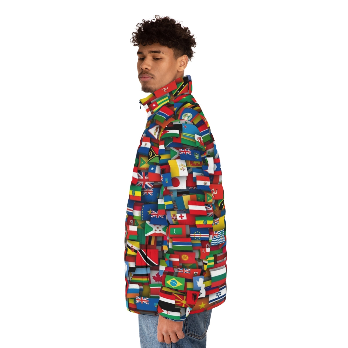 Flags of the world puffer jacket with vibrant national flag patterns - men side left