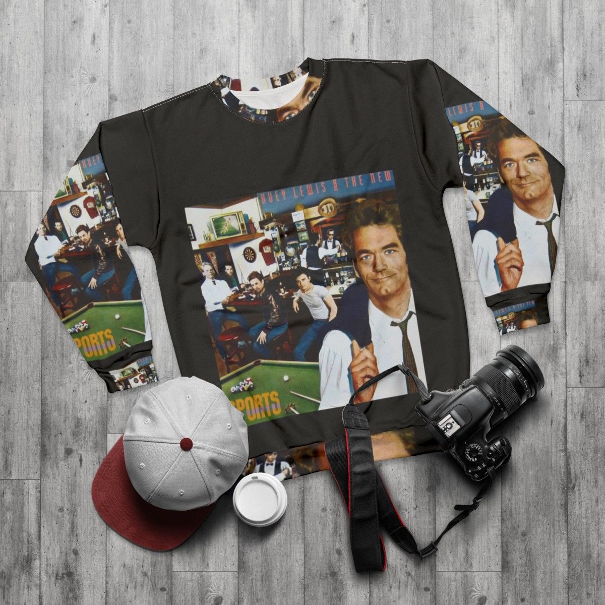 Retro Huey Lewis and the News Sweatshirt with 80s Music Vector Art - flat lay