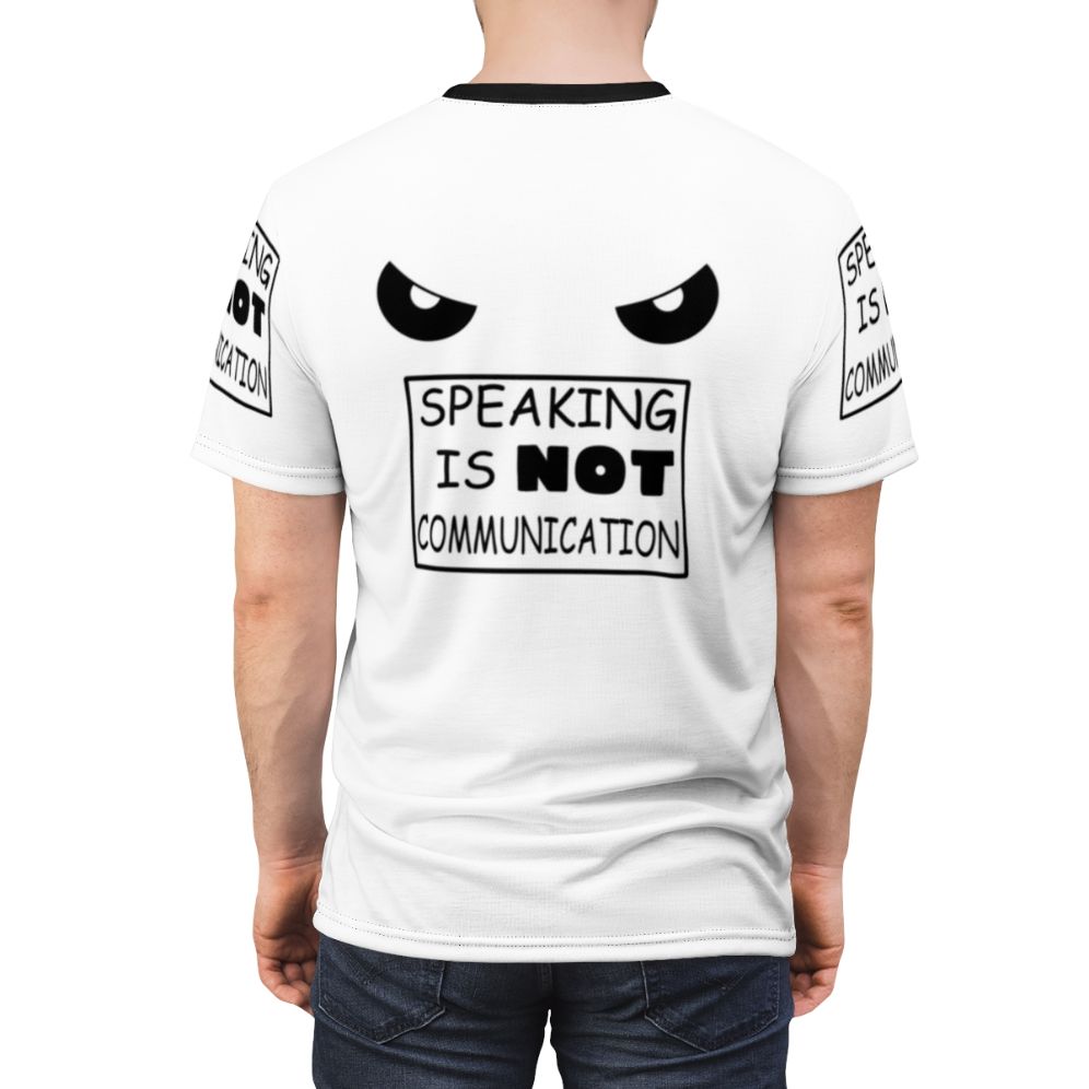 Anime-inspired graphic tee with the text "Speaking Is Not Communication" - men back