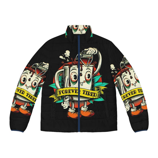 Cartoon character coffee mug puffer jacket with a forever tired design