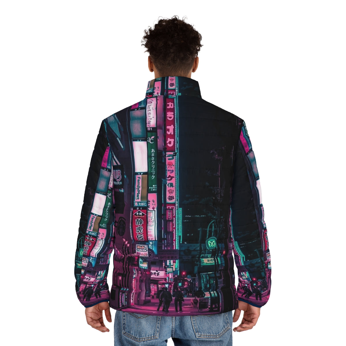 A vibrant puffer jacket with futuristic, cyberpunk-inspired design. - men back