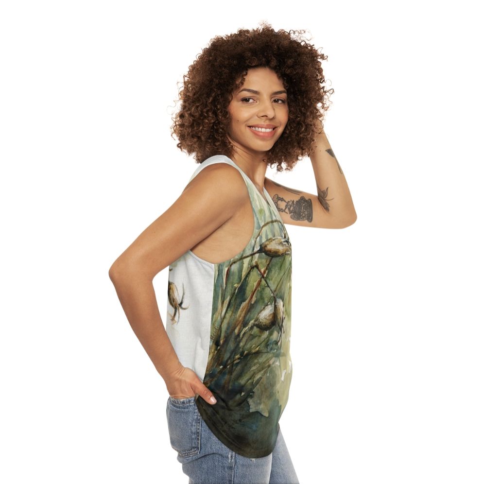 Unisex tank top with botanical seed pod design - women side