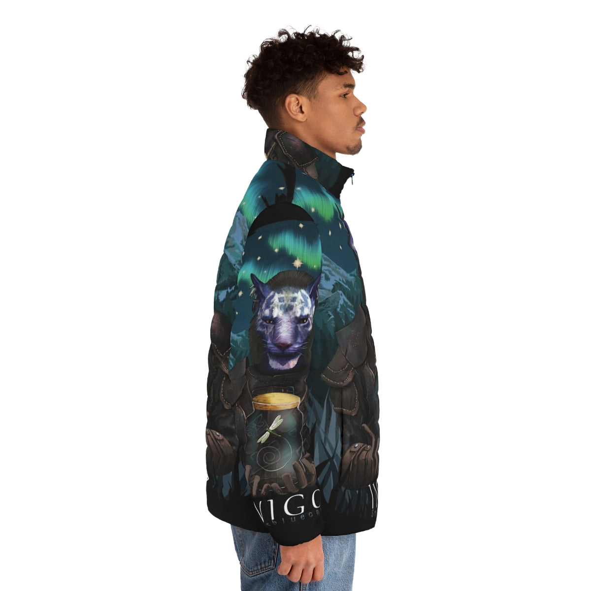 Inigo Caged Puffer Jacket featuring the iconic Smart Blue Cat character from Skyrim - men side right