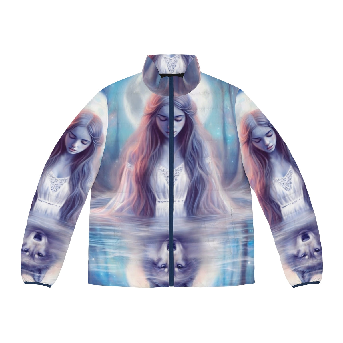 Enchanting pastel puffer jacket featuring a mystical wolf design in a serene forest landscape