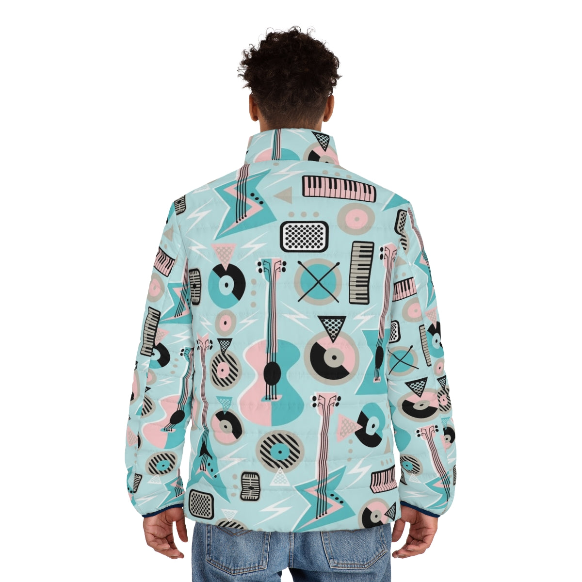 Retro musical turquoise puffer jacket with guitars, piano keys, and lightning bolt design - men back