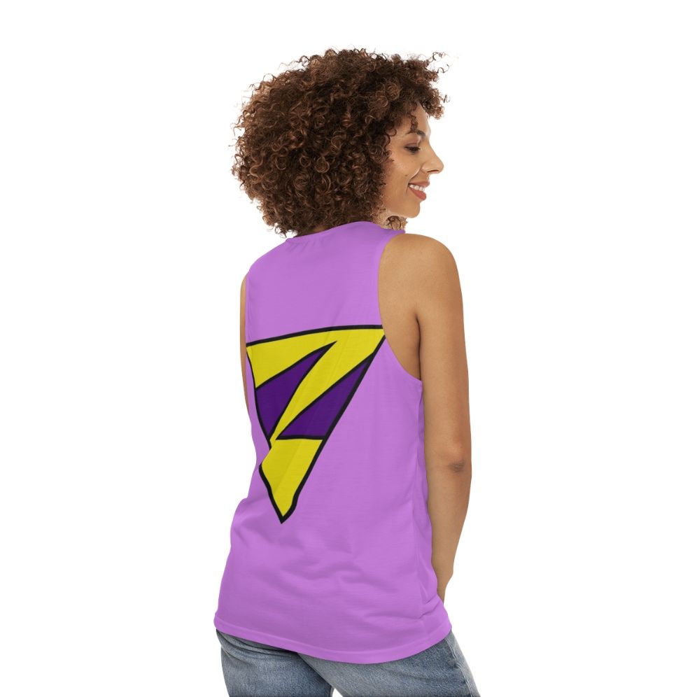 Unisex twin superhero comic book tank top - women back