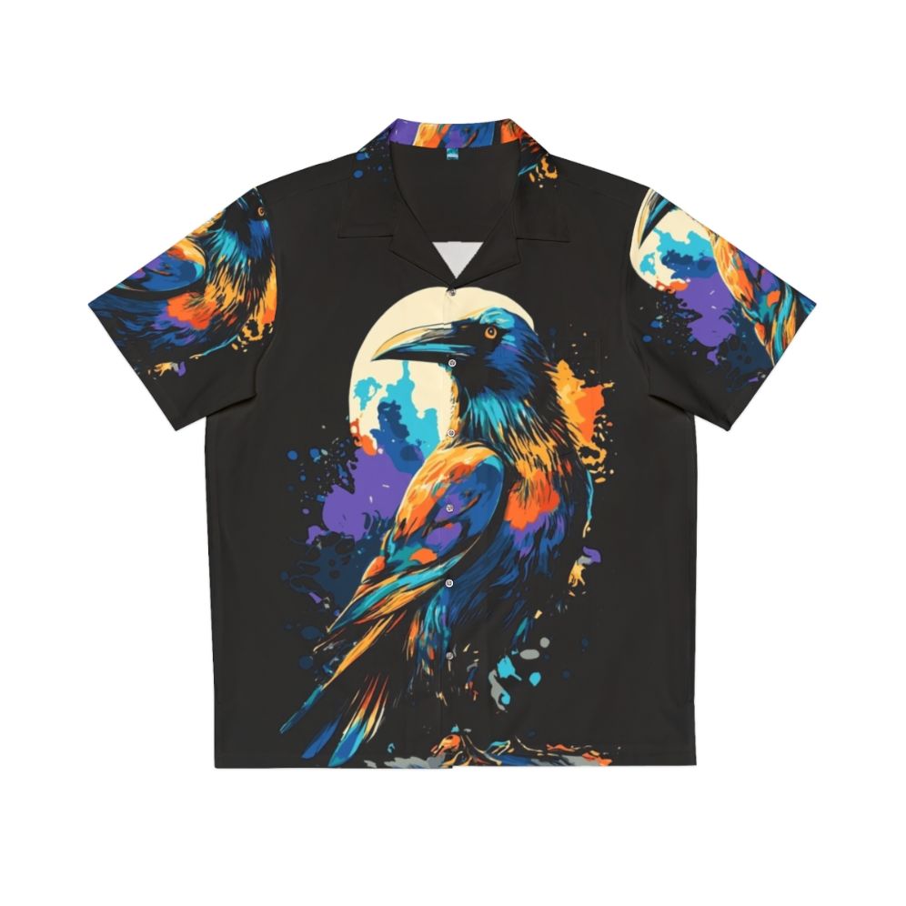 Colorful Hawaiian shirt featuring a design of crows and ravens against a dark background