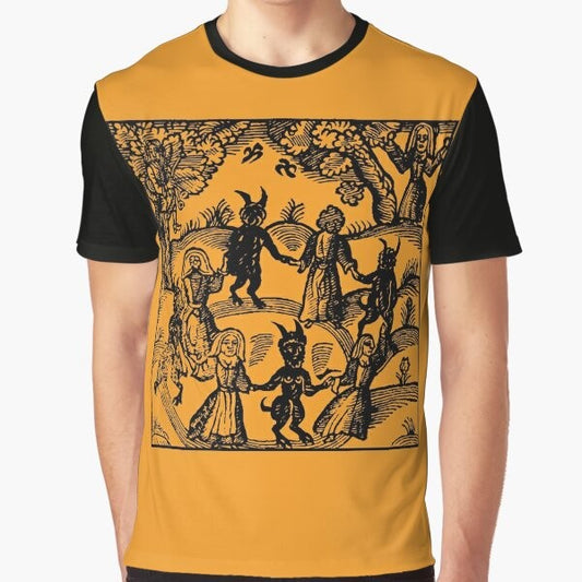 Magical "Dance with the Devil" graphic t-shirt featuring a goat, occult, and dancing skeleton design