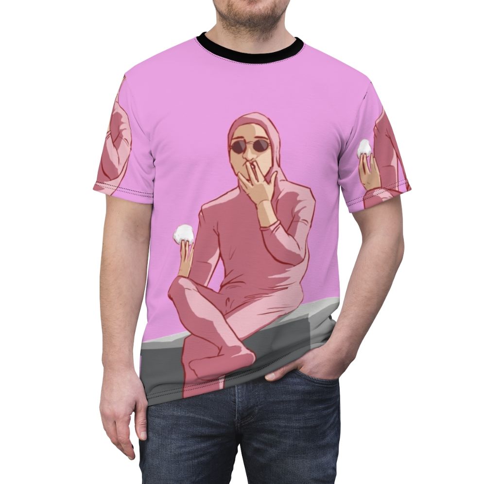 Colorful pink guy inspired graphic t-shirt with rice ball design - men front