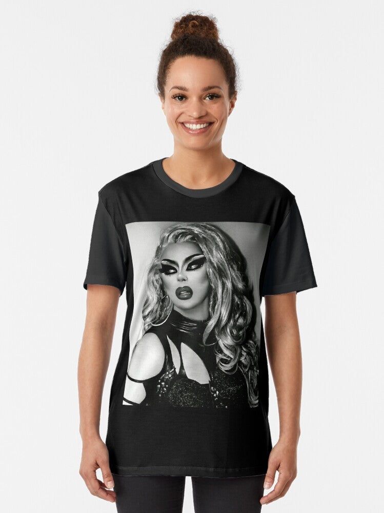 An Icesis Couture graphic t-shirt featuring a bold design with the drag queen Jujubee from RuPaul's Drag Race. - Women