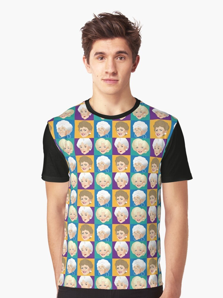 Vintage-style graphic t-shirt featuring the iconic "Golden Girls" characters - Blanche, Dorothy, Rose, and Sophia. - Men