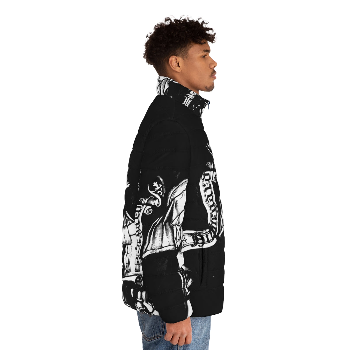 Hildegard Von Bingen medieval puffer jacket with baroque music and classical composer design - men side right