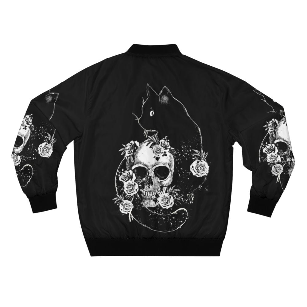 Bomber jacket with a black cat, skeleton, and bird design in a black and white drawing style. - Back