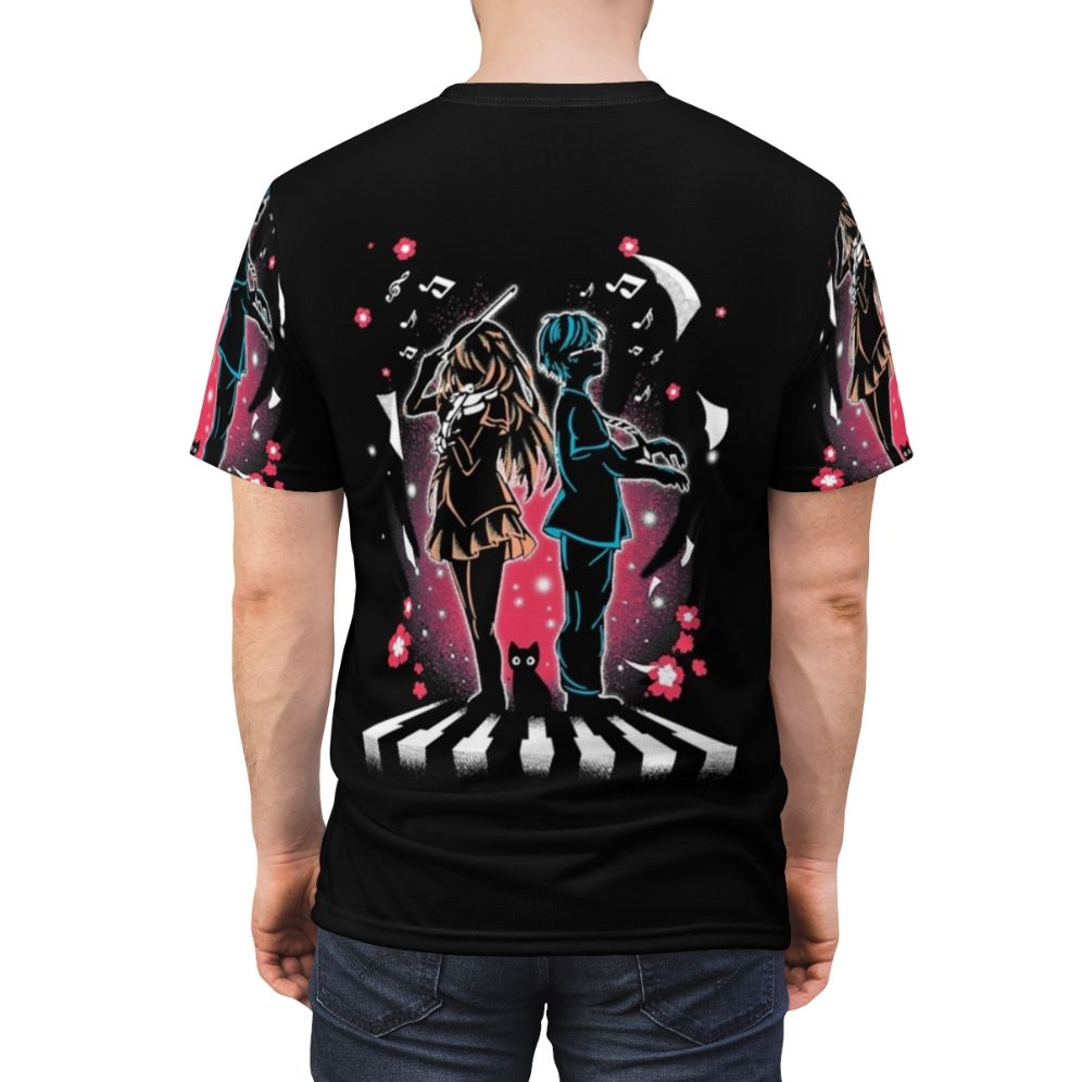 Anime-inspired t-shirt featuring characters and imagery from the popular anime series "Your Lie in April" - men back