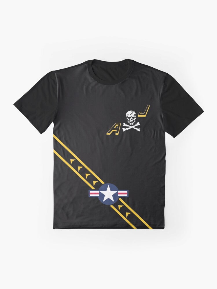 VF84 Jolly Rogers graphic t-shirt with navy, yellow, and black design featuring F14 Tomcat aircraft, skull and bones insignia, and military aviation theme. - Flat lay