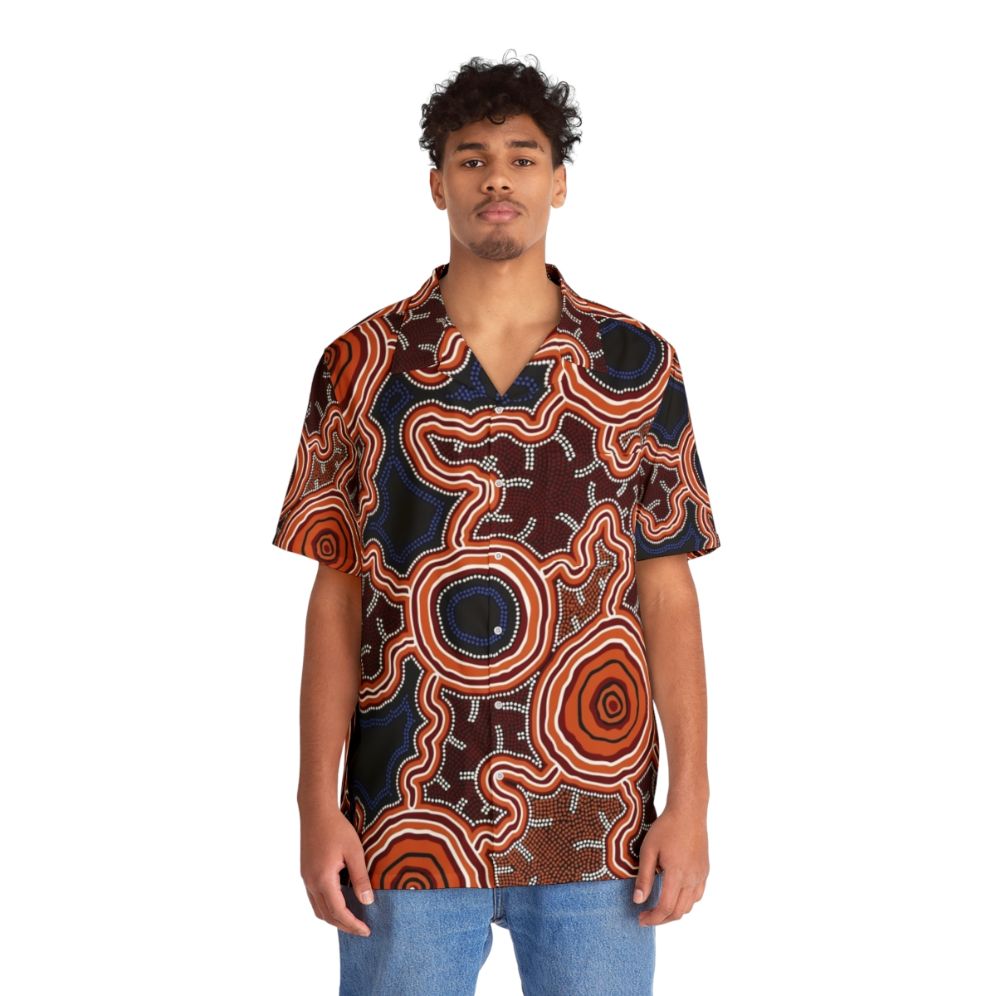 Authentic Aboriginal Art Hawaiian Shirt featuring Pathways to Water design - People Front