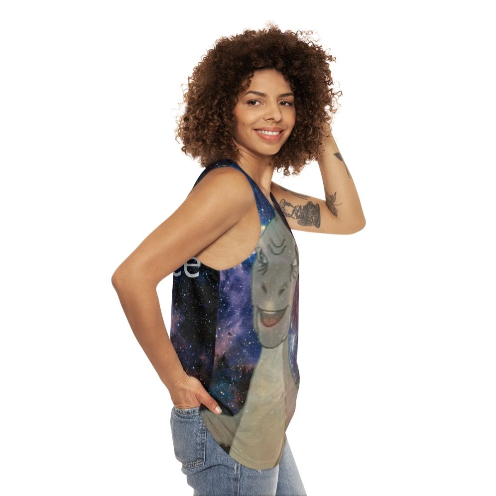 Cosmic Yee Unisex Tank Top with Dinosaur Meme Design - women side