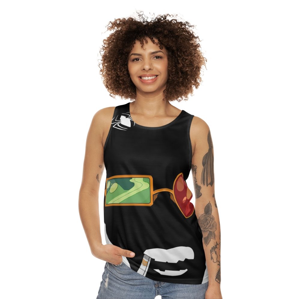 Spiderweb unisex tank top with comic art and smoke design - women