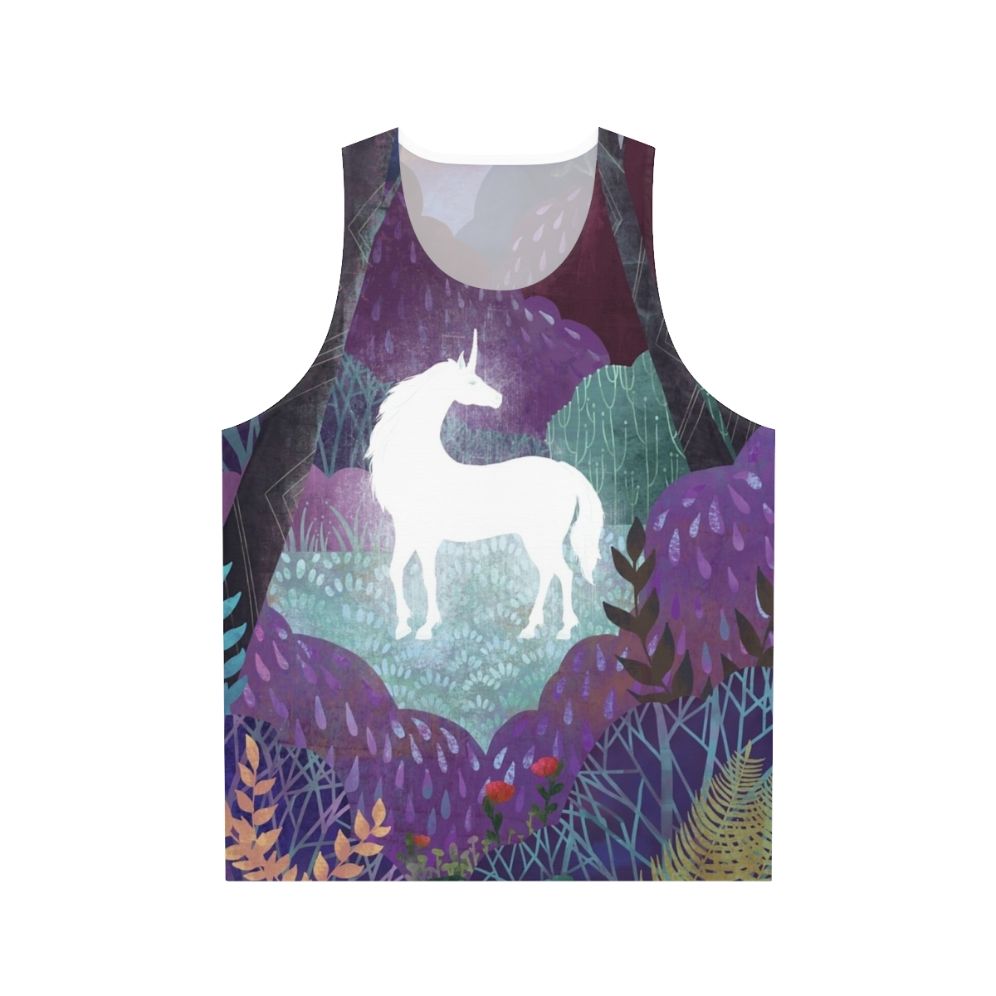 The Last Unicorn Unisex Tank Top featuring a magical unicorn in a fantasy forest