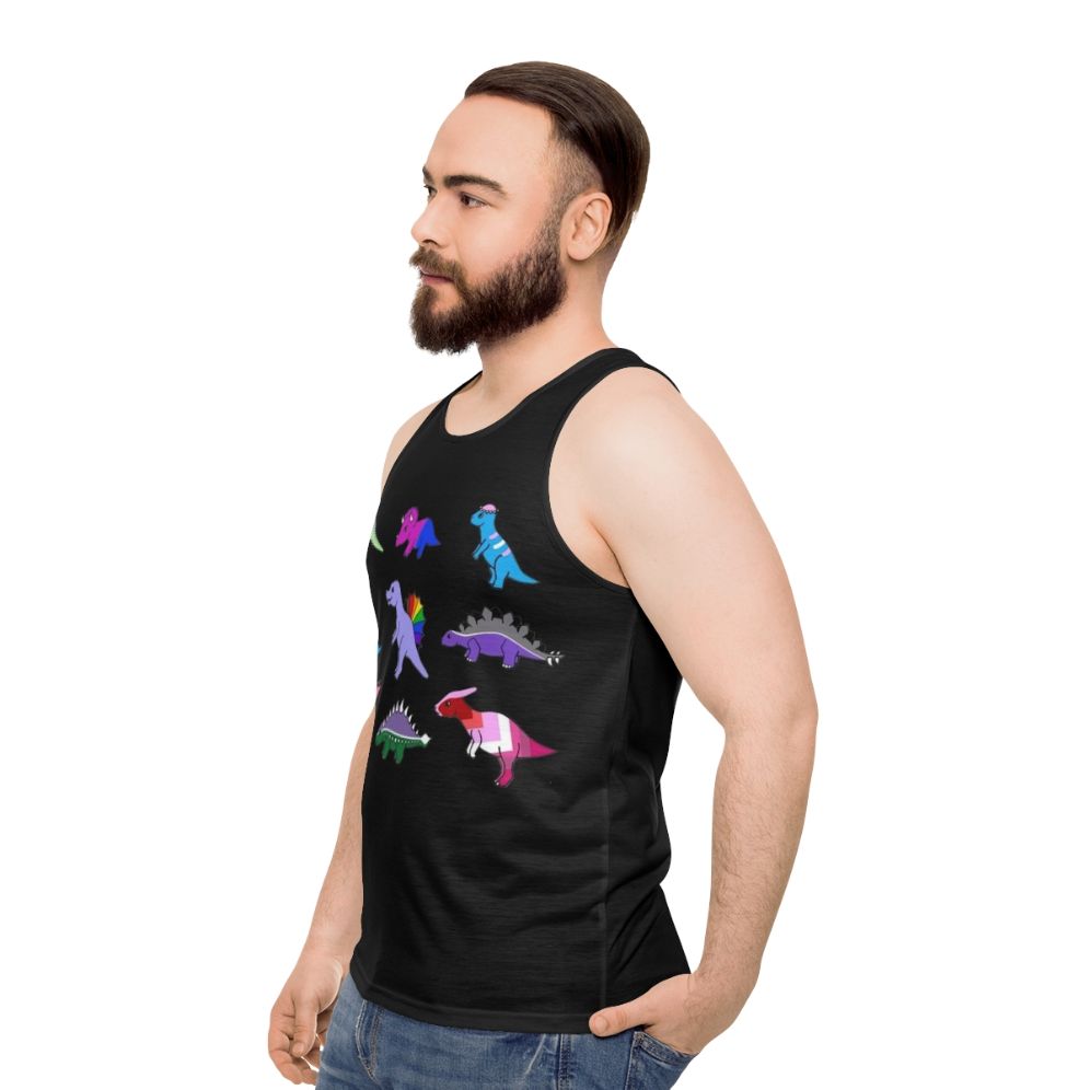 Colorful pride dinosaur print on a unisex tank top - men side