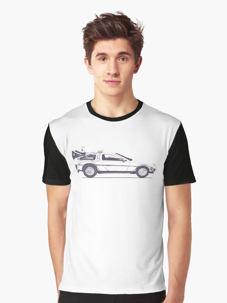 Vintage Delorean car graphic on a t-shirt with "Back to the Future" inspired design - Men