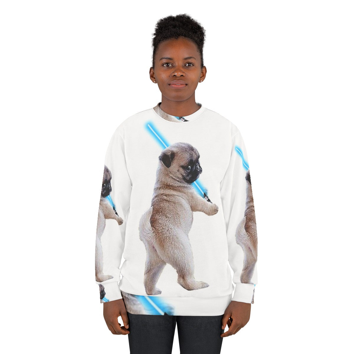 Pug wearing a sweatshirt with a lightsaber graphic - women