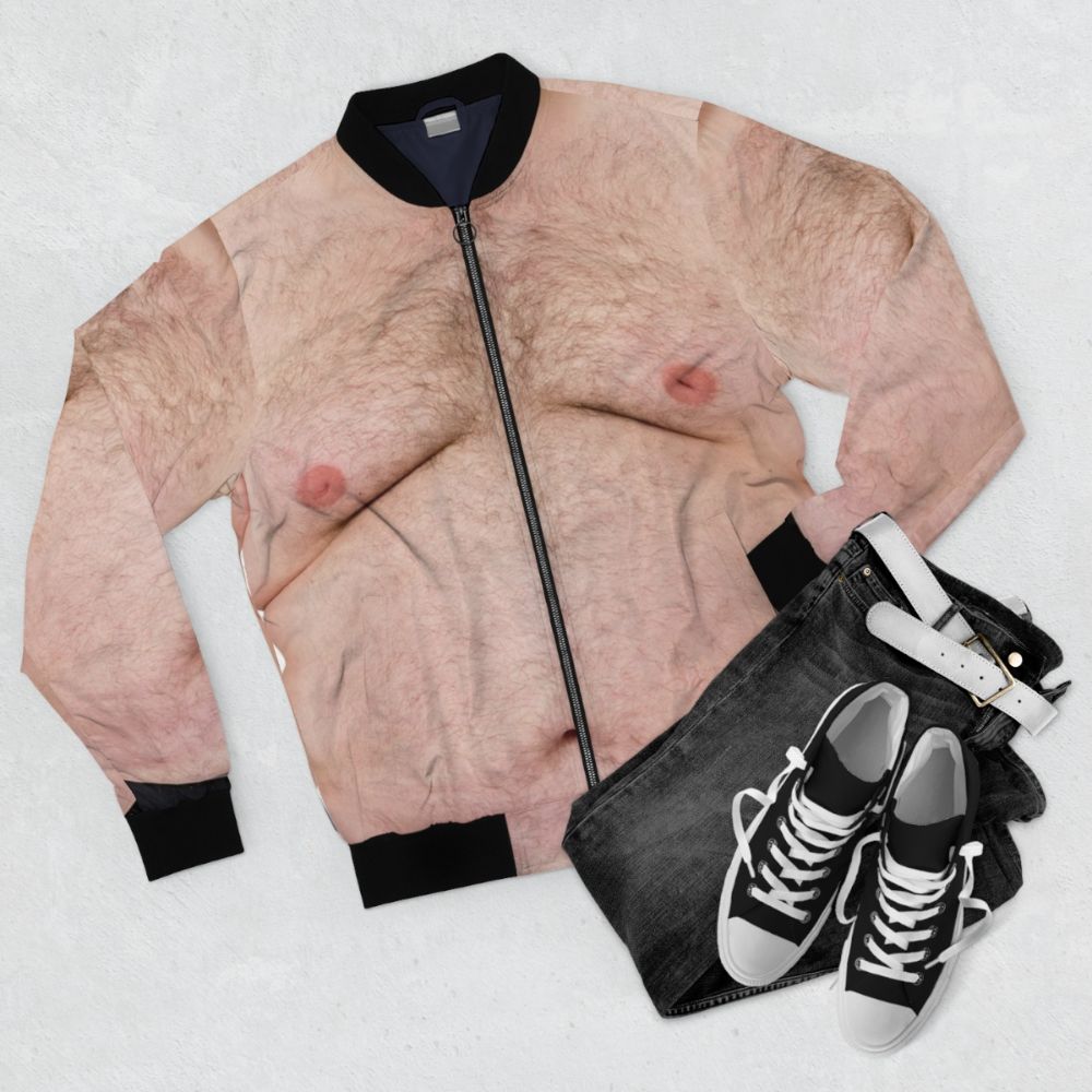 Hairy belly bomber jacket for chubby dads and foodies - Flat lay