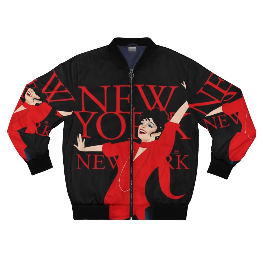 A stylish bomber jacket featuring the New York city skyline and artistic elements