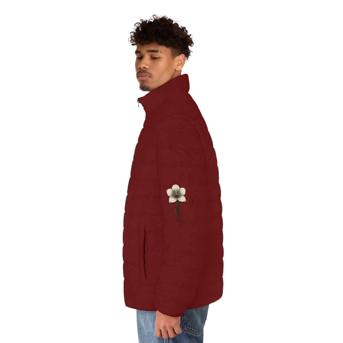 Stranger Things Demogorgon Lily Puffer Jacket featuring a flower-like monster head design - men side left