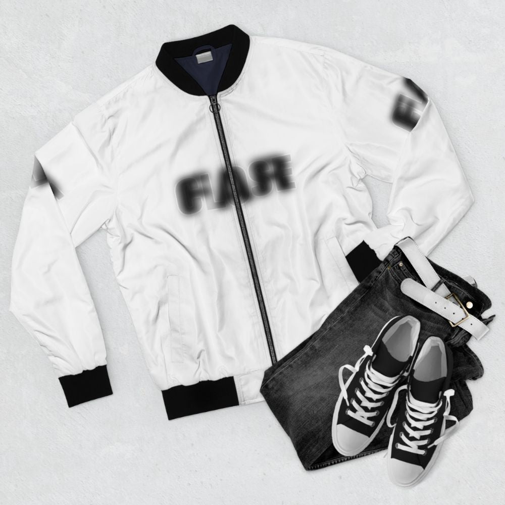 Black and white bomber jacket with a close far optical illusion design - Flat lay