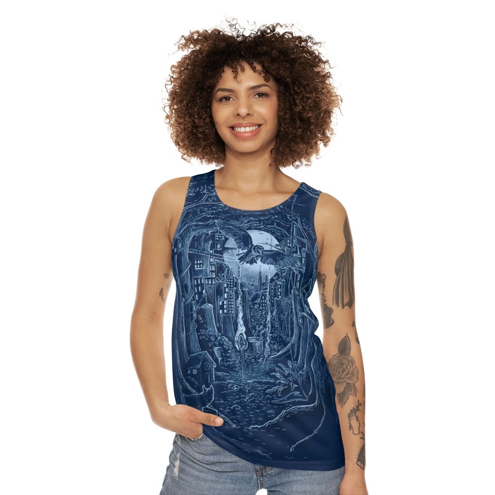 Enchanting forest unisex tank top with moonlit cityscape and wildlife - women