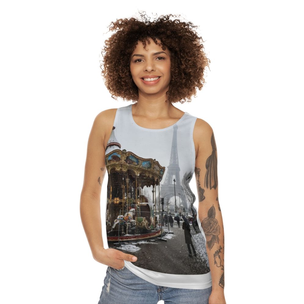 Unisex tank top with Eiffel Tower and winter scene design - women