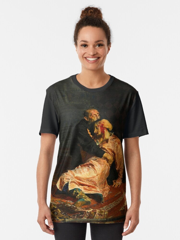 Vivid retro graphic t-shirt featuring the painting "Ivan the Terrible and His Son Ivan" by Ivan Repin - Women