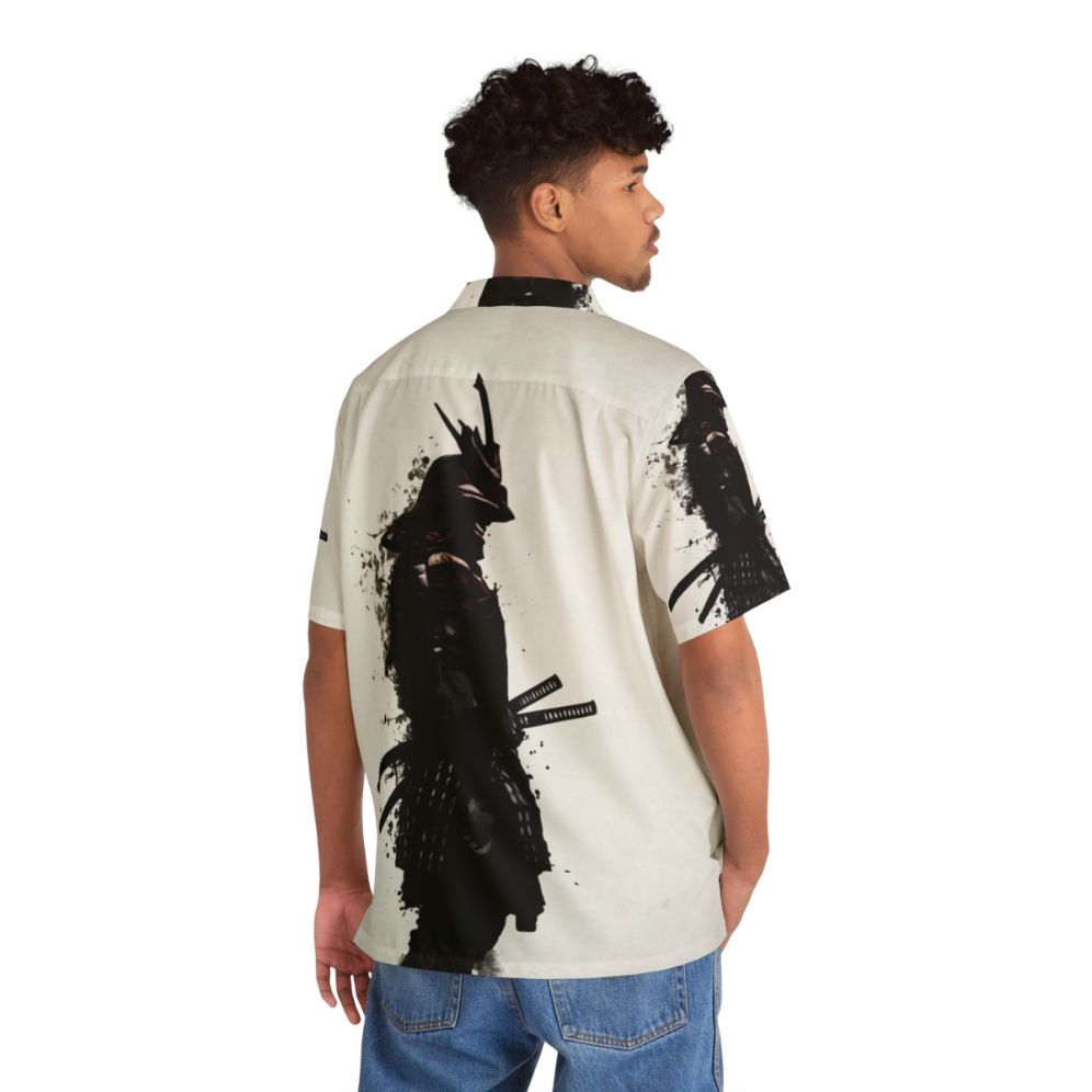 Armored Samurai Hawaiian Shirt with Ink Spatter Design - Flat lay