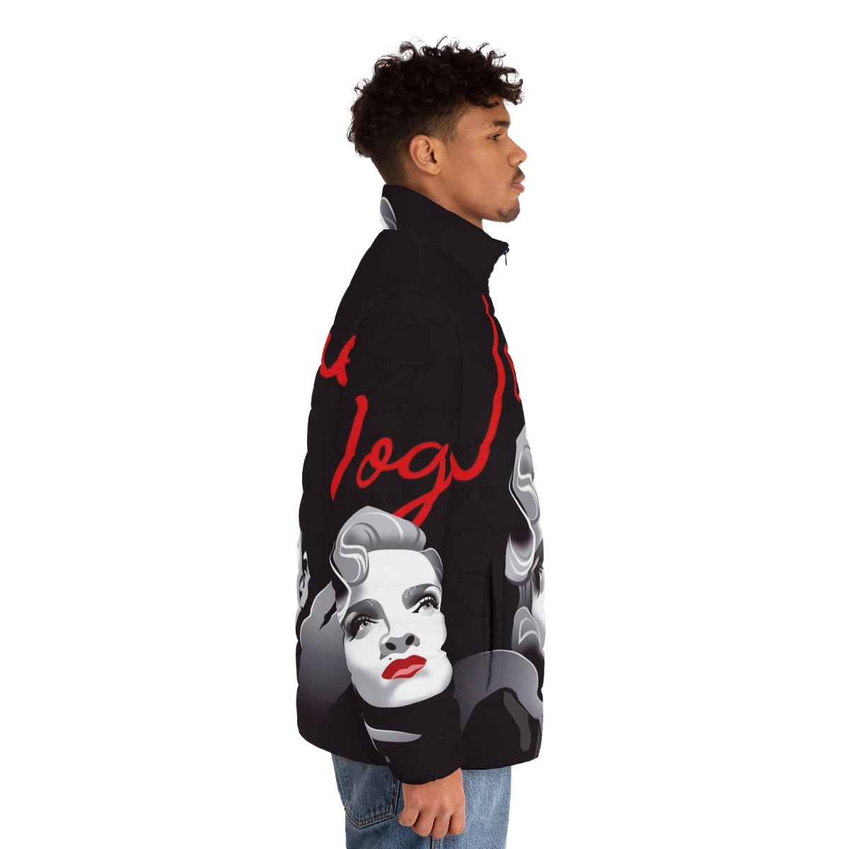 Queen Puffer Jacket 5 featuring Alejandro Mogollo's iconic pop art design - men side right