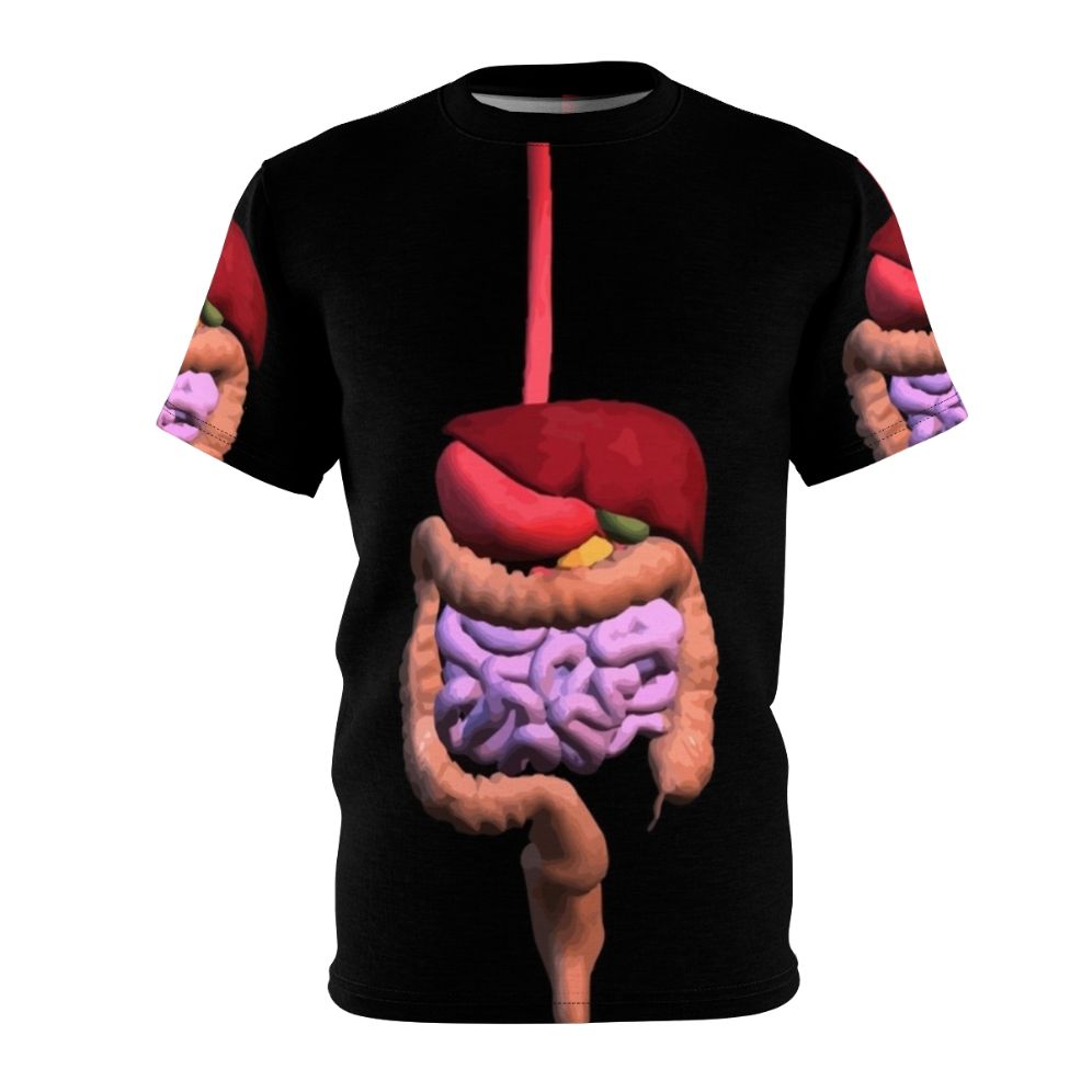 Colorful illustration of the human digestive system on a comfortable t-shirt for medical, biology, and anatomy enthusiasts.