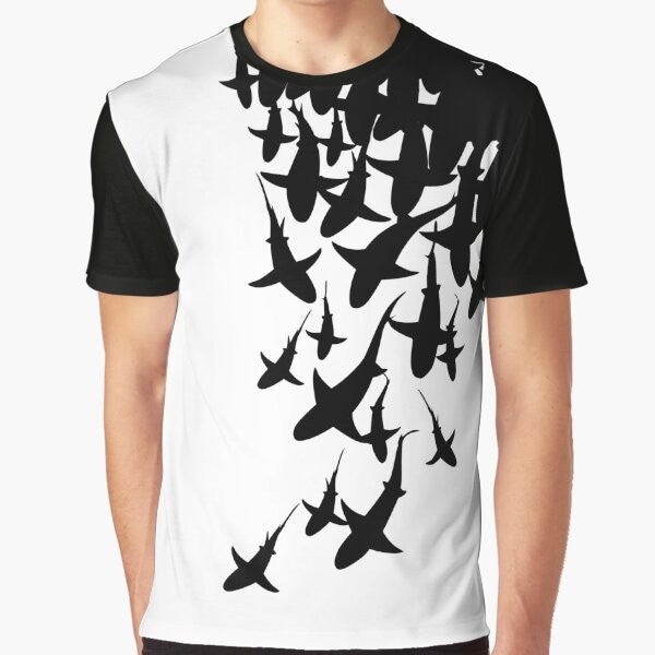 Shark graphic design on a black and white t-shirt