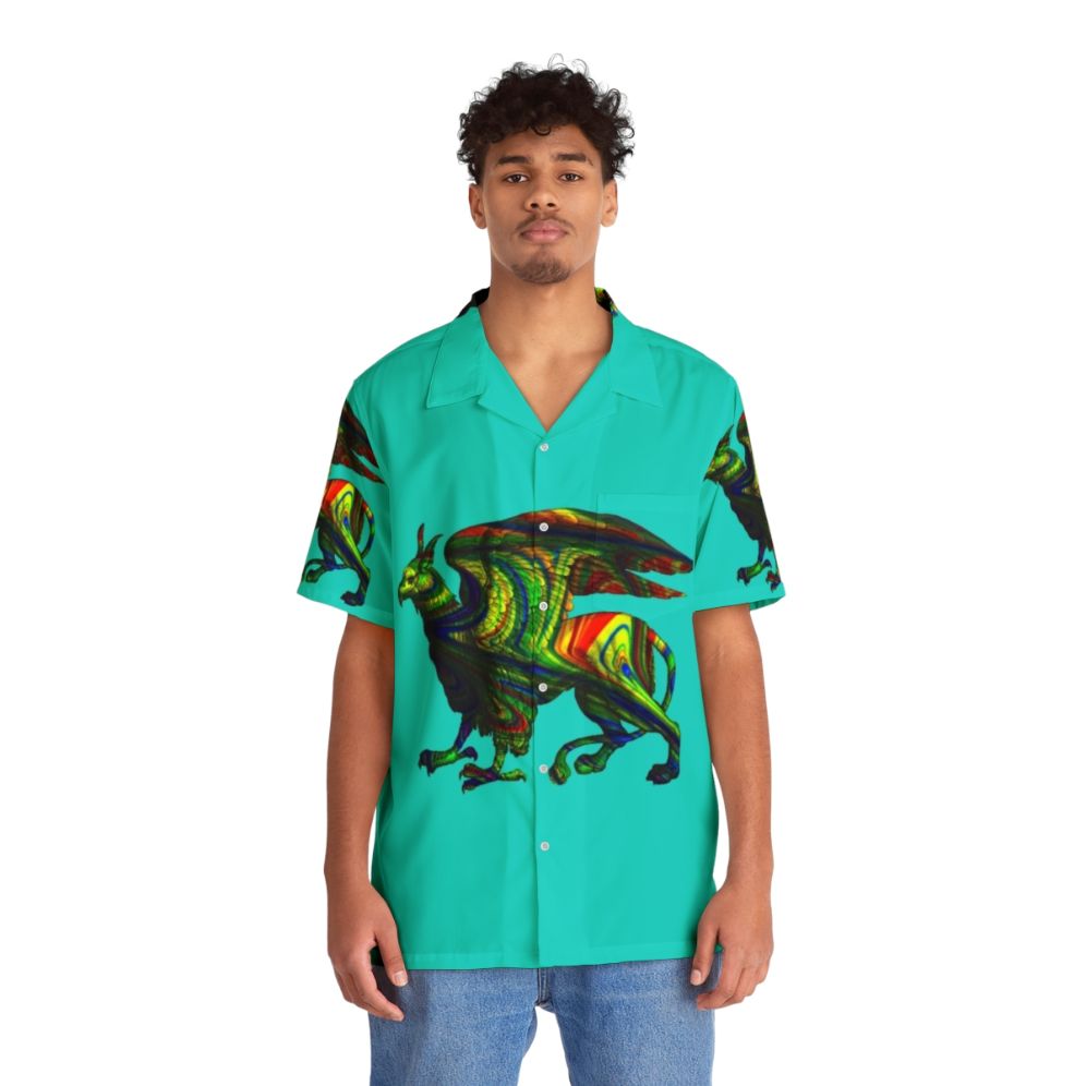 Colorful abstract griffin aqua hawaiian shirt - People Front