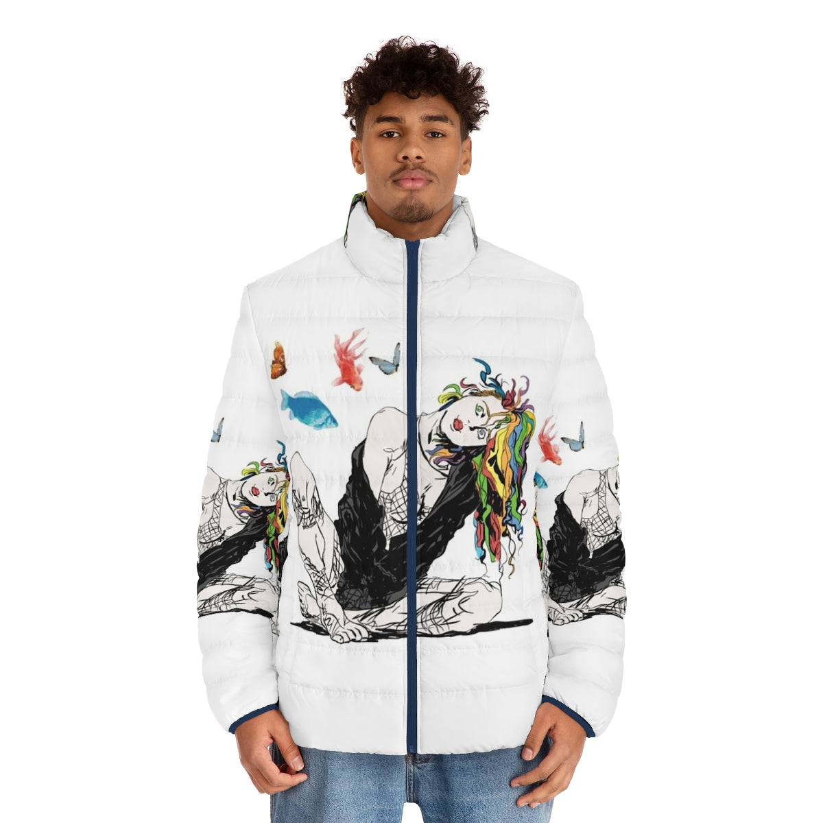 Delirium The Sandman Vertigo Comics Puffer Jacket featuring a surreal and colorful design - men front