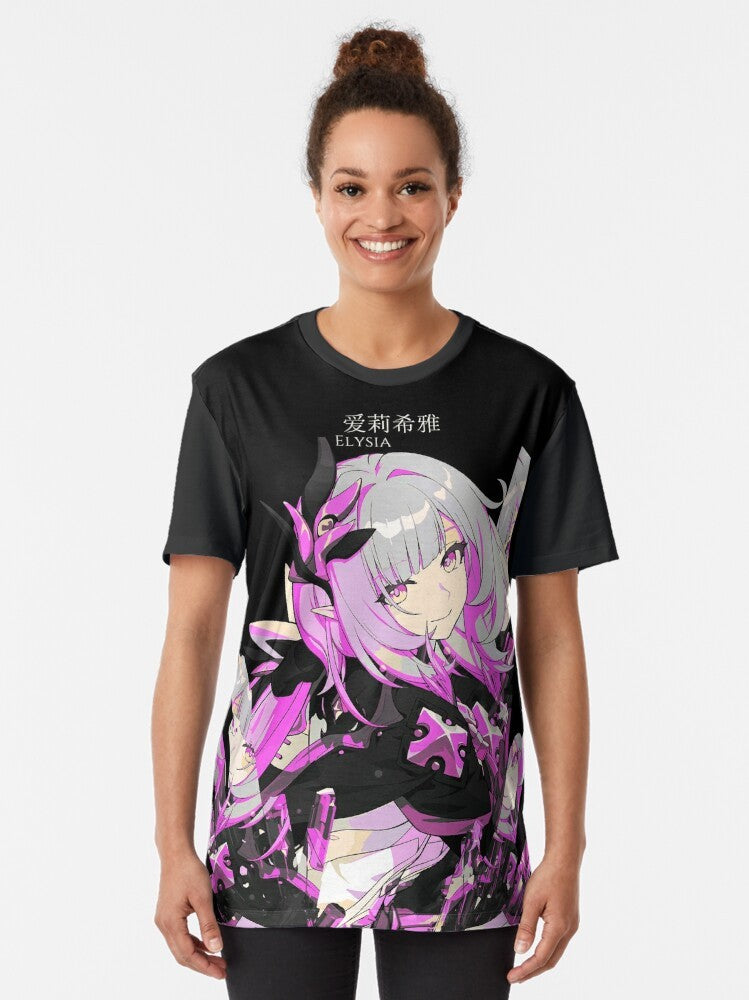 Honkai Impact Elysia fantasy graphic t-shirt with crystal and hieroglyph design - Women