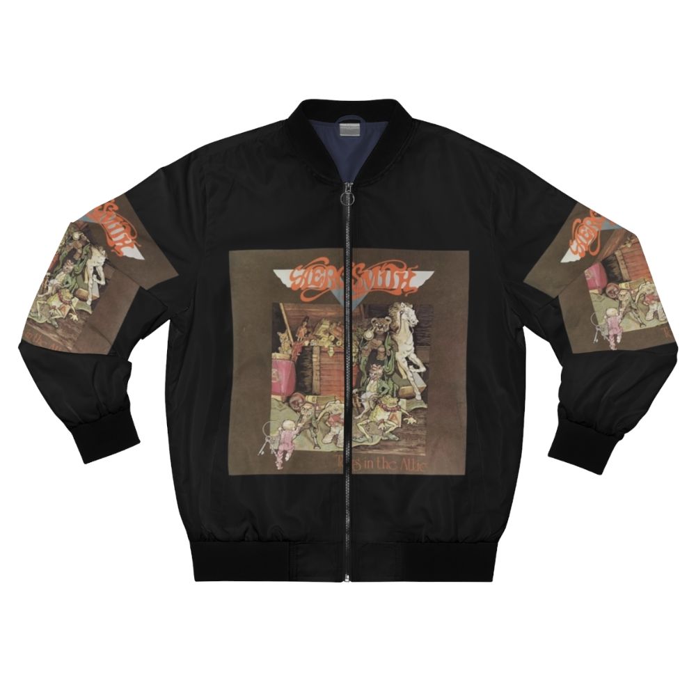 Bomber jacket with a graphic design of toys in a scary room